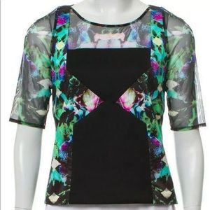 MILLY Orchid Watercolor Going Out Black Mesh Ikat Top Size 6 Short Sleeve